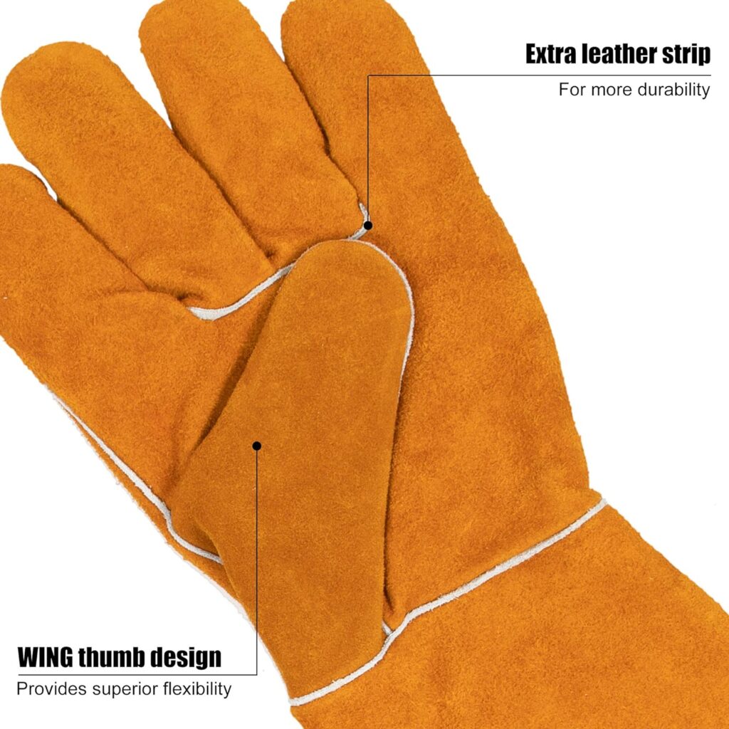 BEETRO Welding Gloves 1 Pair, Cow Leather Forge/Mig/Stick Welder Heat/Fire Resistant, Mitts for Oven/Grill/Fireplace/Furnace/Stove/Pot/Wood Burner/BBQ/Animal handling glove with Soft Lining