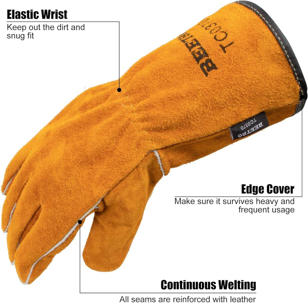 BEETRO Welding Gloves 1 Pair, Cow Leather Forge/Mig/Stick Welder Heat/Fire Resistant, Mitts for Oven/Grill/Fireplace/Furnace/Stove/Pot/Wood Burner/BBQ/Animal handling glove with Soft Lining