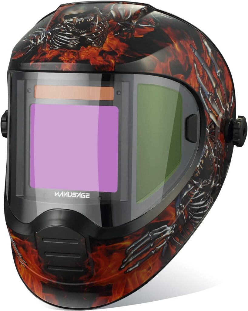 MANUSAGE Panoramic 180 View Solar Powered Auto Darkening Welding Helmet Wide Shade 5-8 and 9-13 for TIG MIG ARC Weld Hood Helmet with décor（E980S）, Red,black