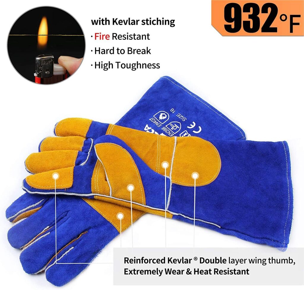 RAPICCA Welding Gloves Blue 16 Inches,932℉, Leather Forge/Mig/Stick Welding Gloves Heat/Fire Resistant, Mitts for Oven/Grill/Fireplace/Furnace/Stove/Pot Holder/BBQ/Animal Handling