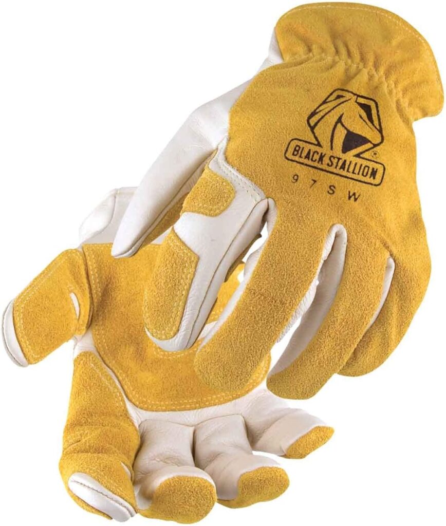 Revco Black Stallion 97SW Mens/Womens Leather Work/Drivers Gloves With Reinforced Palm, Elastic Wristband, Large, Yellow/White