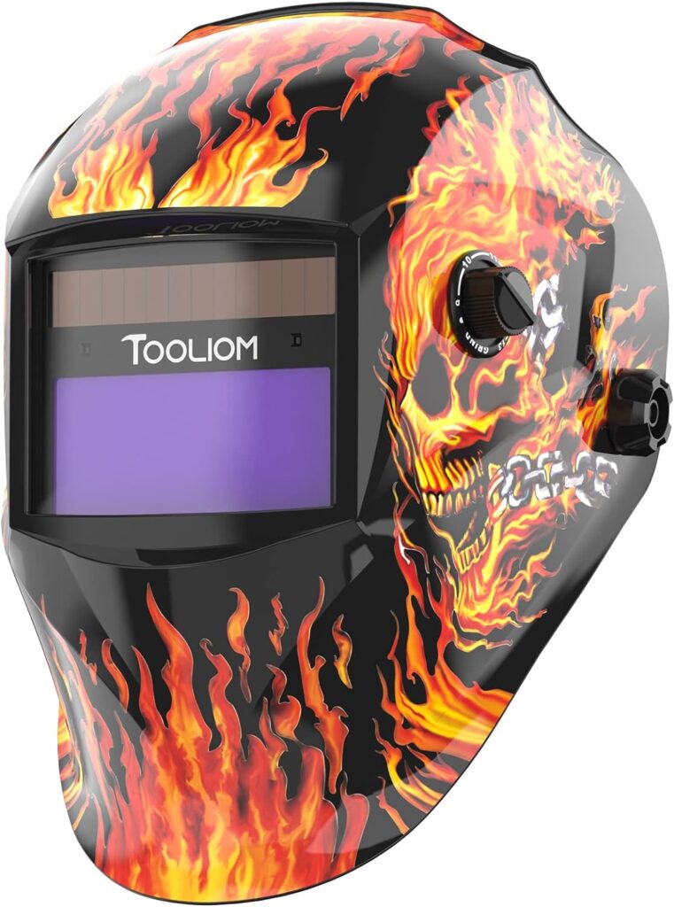 TOOLIOM Welding Helmet Auto Darkening Solar Powered with Adjustable Shade 4/9-13 for TIG MIG ARC Flaming Skull Design Welder Mask