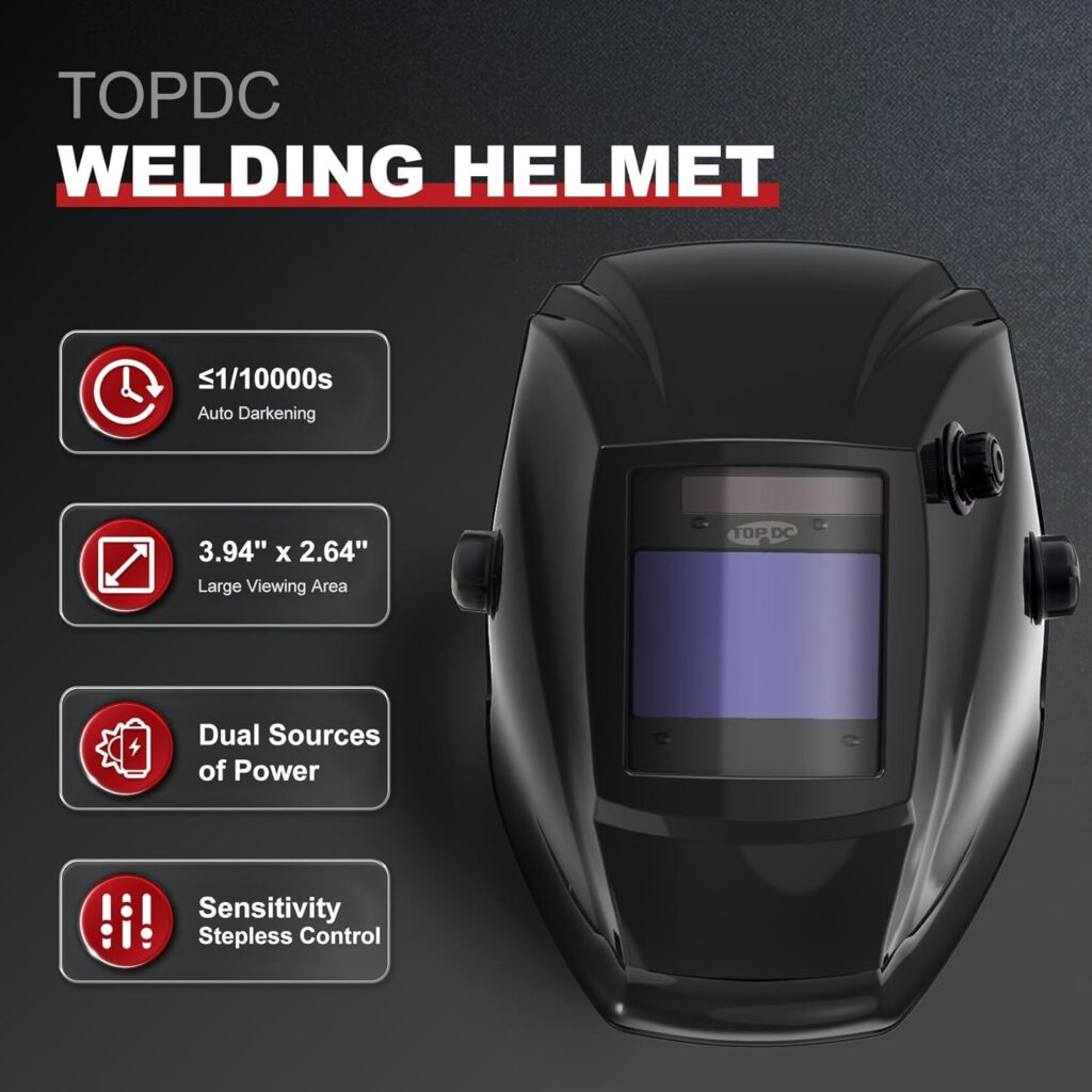 TOPDC Large Viewing Screen 3.94 x 2.64 Auto Darkening Welding Helmet, Solar/Battery Powered Welder Mask, Weld Hood 4 Arc Sensor Wide Adjustable Shade DIN 5-9/9-13 for MIG, TIG, ARC