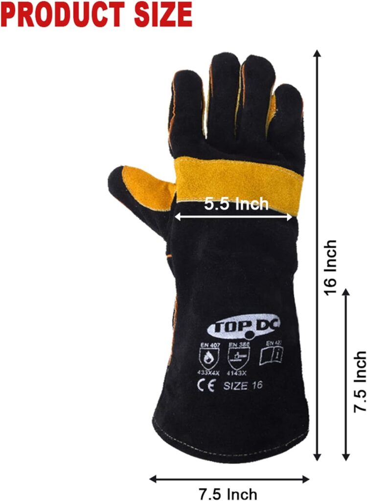 TOPDC Welding Gloves 16 Inches Fire/Heat Resistant Leather For Mig, Tig, Stick, Forge, BBQ, Grill, Fireplace, Wood Stove, Oven, Animal Handling for Safe, Loving Pet Care