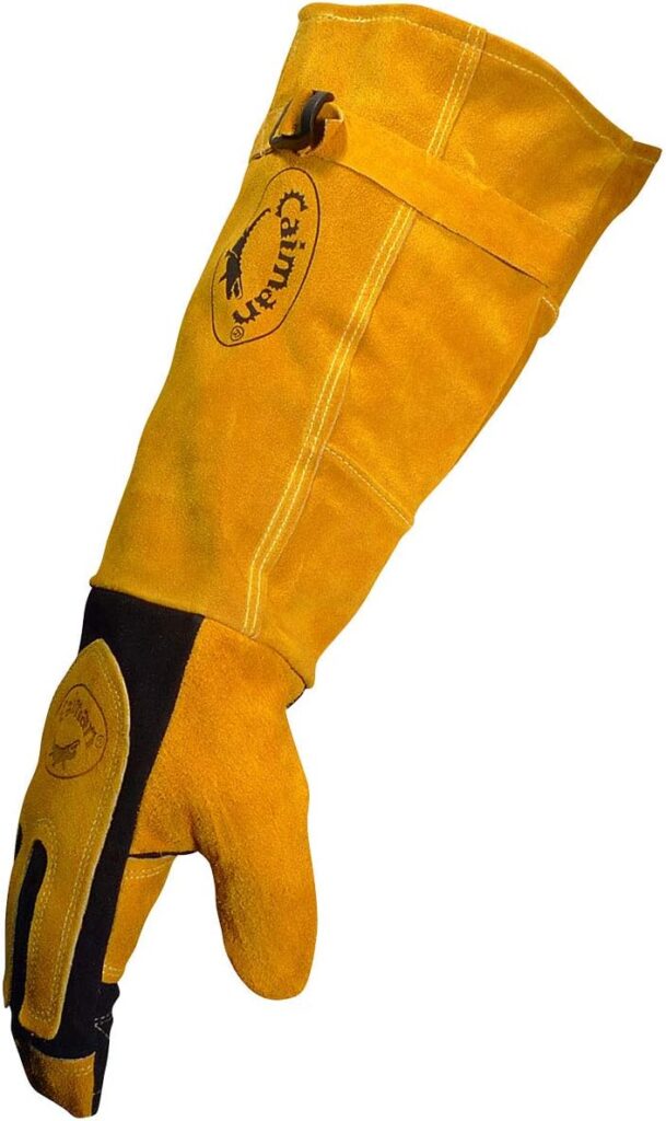 Caiman Premium Split Deerskin MIG/Stick Welding Gloves with Fleece/Foam Insulation, 21-inch length, Split Cowhide Leather Heat Shield Patch, Sock Lined Foam, Kevlar, Black/Gold, X-Large (1878-5)