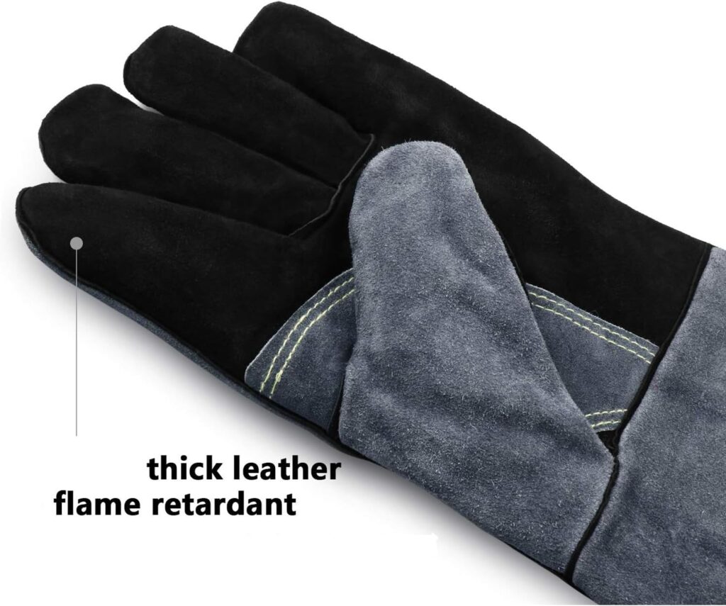 COBARYEN Welding Gloves,Heat Resistant Leather Welding Gloves for Fireplace,Wood Stove,Oven,Pot Holder (Black-gray)