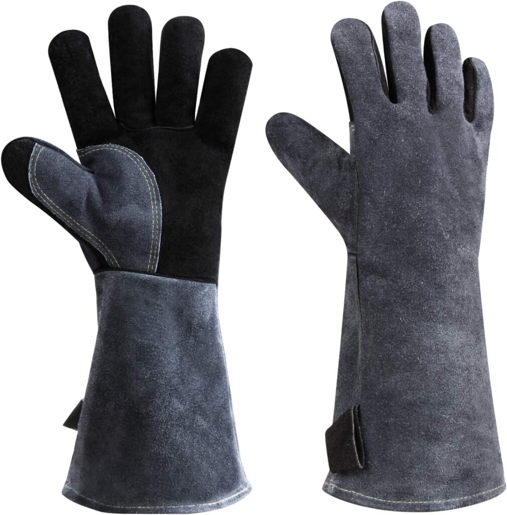 COBARYEN Welding Gloves,Heat Resistant Leather Welding Gloves for Fireplace,Wood Stove,Oven,Pot Holder (Black-gray)