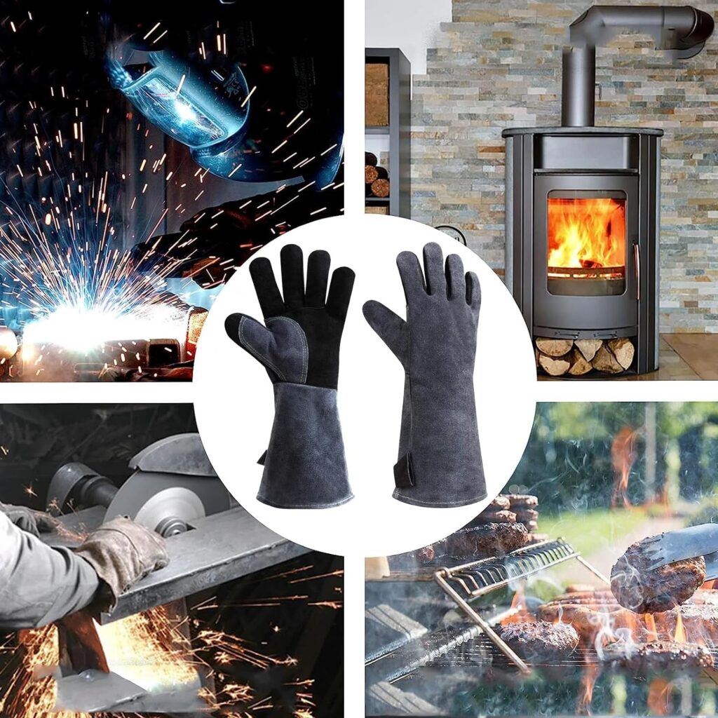 COBARYEN Welding Gloves,Heat Resistant Leather Welding Gloves for Fireplace,Wood Stove,Oven,Pot Holder (Black-gray)