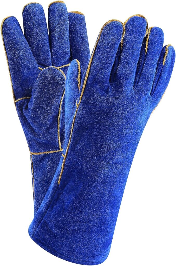 DEKO Welding Gloves Blue 14 inch Leather Forge Heat Resistant Welding Glove for Mig, Tig Welder, BBQ, Furnace, Camping, Stove, Fireplace and More