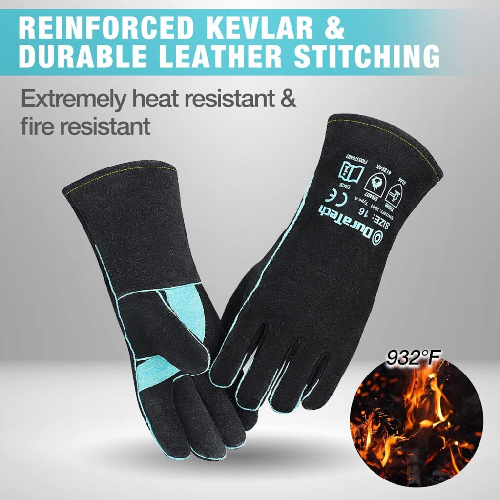 DURATECH Welding Gloves, 16″Long Sleeve Fireplace Gloves with Kevlar Stitching, 932℉ Heat/Fire Resistant Cow Leather Gloves, Carbon Fiber Lining, for Mig, Tig, Stick, Forge, BBQ, Grill, Fireplace