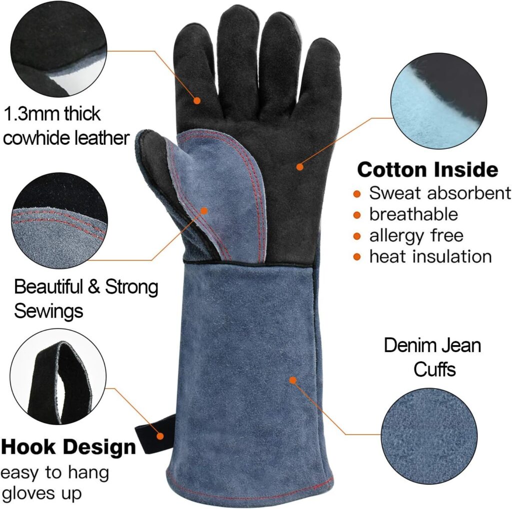 HZXVOGEN 16 Inches 932℉ Heat Fire Resistant Welding Gloves BBQ Grill Gloves for Arc Tig Mig Wood Stove Barking Oven Fireplace Welder Gloves – Free Size for Men Women