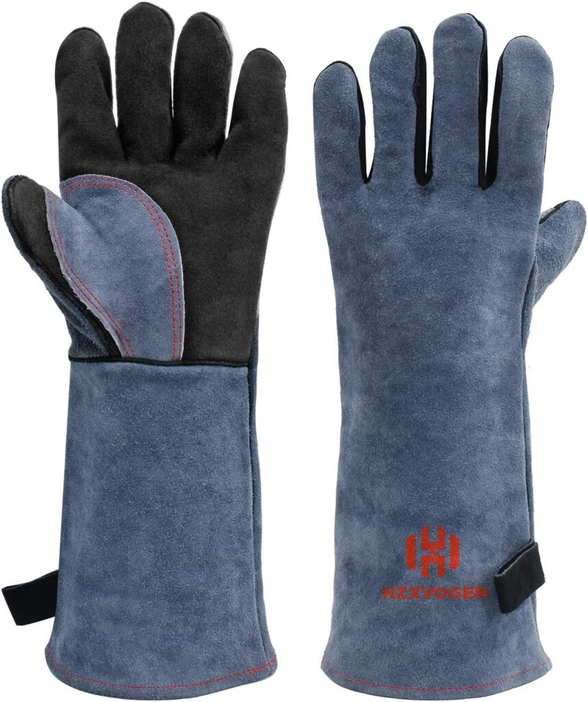 HZXVOGEN 16 Inches 932℉ Heat Fire Resistant Welding Gloves BBQ Grill Gloves for Arc Tig Mig Wood Stove Barking Oven Fireplace Welder Gloves – Free Size for Men Women