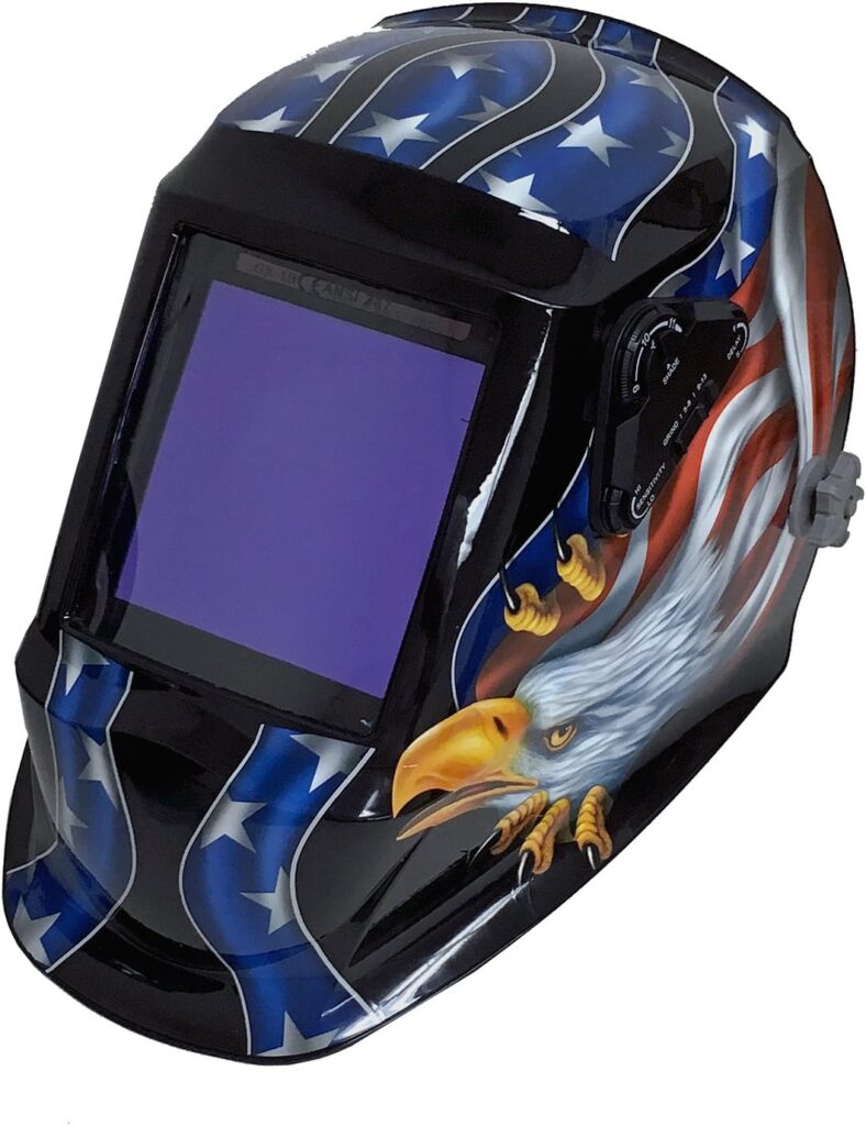 Instapark ADF Series GX990T Solar Powered Auto Darkening Welding Helmet with 4 Optical Sensors, 3.94 X 3.86 Viewing Area and Adjustable Shade Range #5 - #13 American Eagle