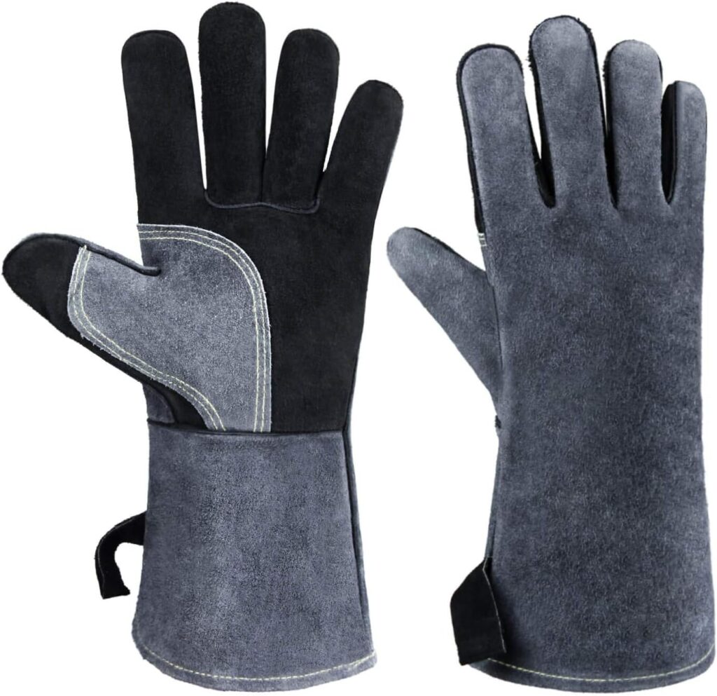 OZERO 932°F Heat Resistant Mig/Stick Welding Gloves 14 inches Cowhide Leather - Long Sleeve and Insulated Lining Barbecue Glove for Tig Welder/Grilling/Oven/Green Egg/Stove Black-gray