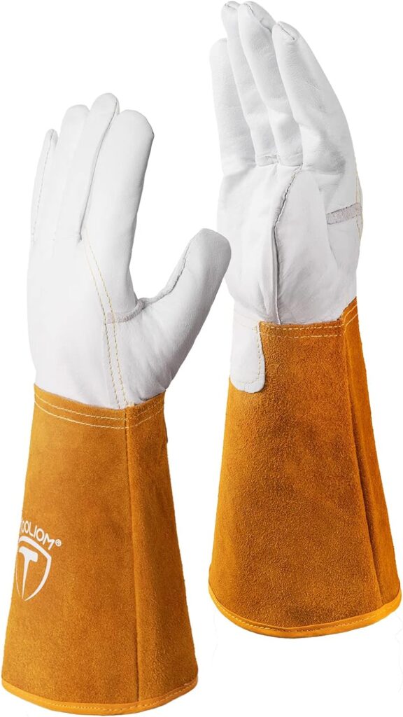 TOOLIOM Premium Goatskin Tig Welding Gloves,Cuff Cowhide Split Leather,with Soft Lining,High-Dexterity (14-inch, Extra Large)