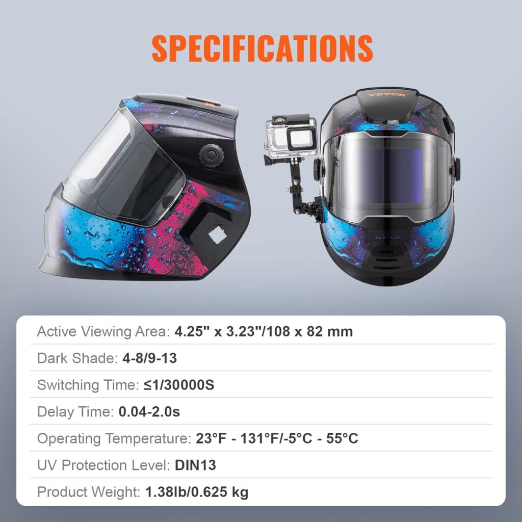 VEVOR Welding Helmet Auto Darkening Large Viewing with Side View 4.25 x 3.23, Welding Hood True Color, Welding Mask Solar Powered, 4 Arc Sensor, Wide Shade 4-8/9-13 for TIG MIG Arc Weld Grinding