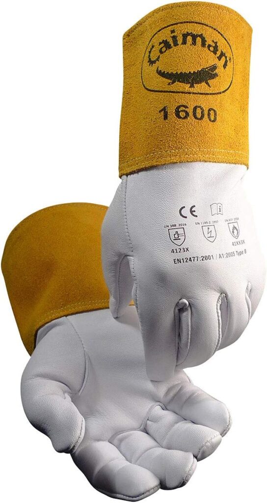 Caiman Premium Goat Grain TIG Welding Glove, 4-inch Gold Extended Cuff, Unlined, Kevlar Thread, 3-inch Carabiner, White, Medium (1600-4)