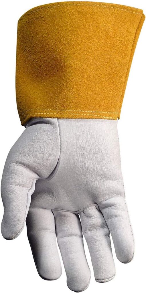 Caiman Premium Goat Grain TIG Welding Glove, 4-inch Gold Extended Cuff, Unlined, Kevlar Thread, 3-inch Carabiner, White, Medium (1600-4)