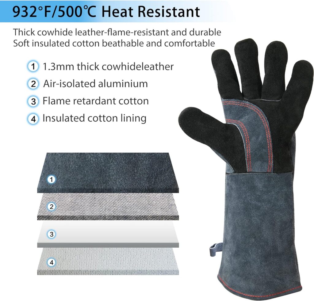 hynade Welding Gloves 16 Inches 932℉ Heat/Fire Resistant,Leather Gloves for Arc Tig Mig Welding/Cutting/Wood/Stove/Oven Fireplace/BBQ/Animal Handling Gloves