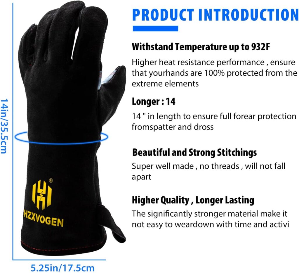 HZXVOGEN Welding Gloves 14 Inches 932℉ Heat Fire Resistant BBQ Grill Gloves for Arc Tig Mig Wood Stove Barking Anti Animal Biting Welder Gloves – Free Size for Men