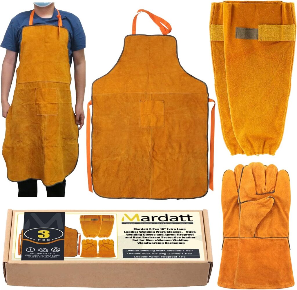 Mardatt 5 Pcs 16” Extra Long Leather Welding Work Sleeves, Stick Welding Gloves and Apron Fireproof and Heat Resistant Protective leather Set for Men Women Welding Woodworking Gardening