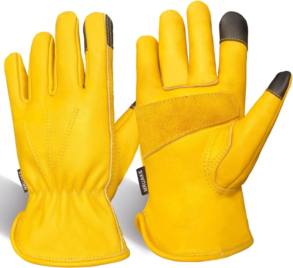MRUAKE Leather Work Gloves For Men and Women, Cowhide Tig Welding Gloves ,Gardening Gloves With Touchscreen Fingers(Medium, 1 Pair)