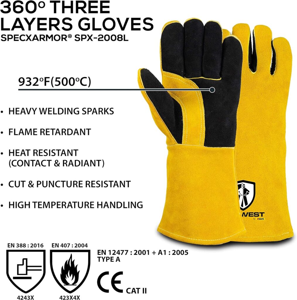 NA1 SpecxArmor® SPX-2008L Traditional Mig/Stick, Three Layer Leather Welding Glove, 100% Kevlar Stitched, Heat  Flame Resistant 932°F (Large)