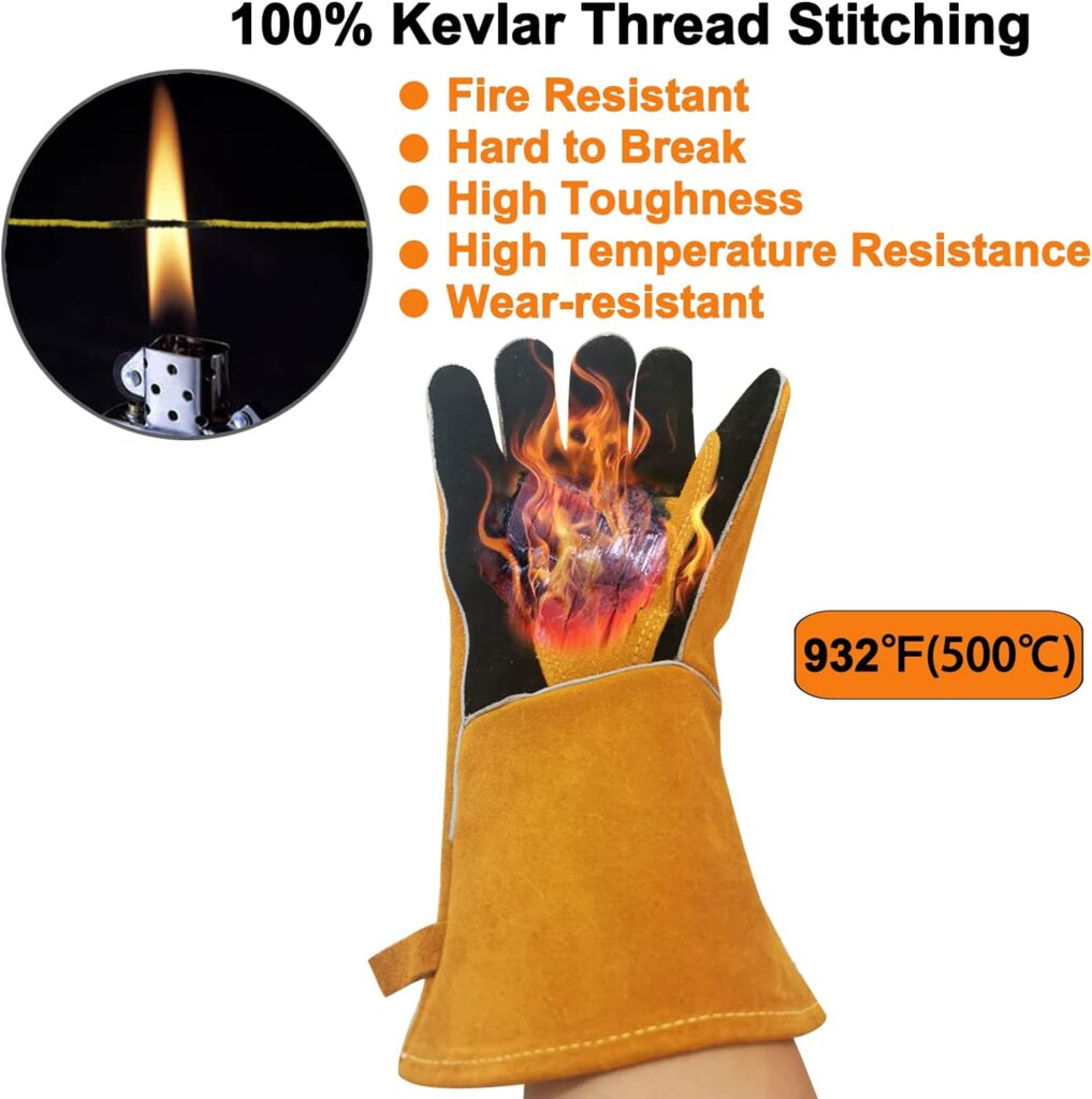 PerfeSafe Welding Gloves Heat Fire Resistant Leather Golves for Stick/Mig/Forge/BBQ/Grill/Fireplace/Wood Stove/Furnace/Oven