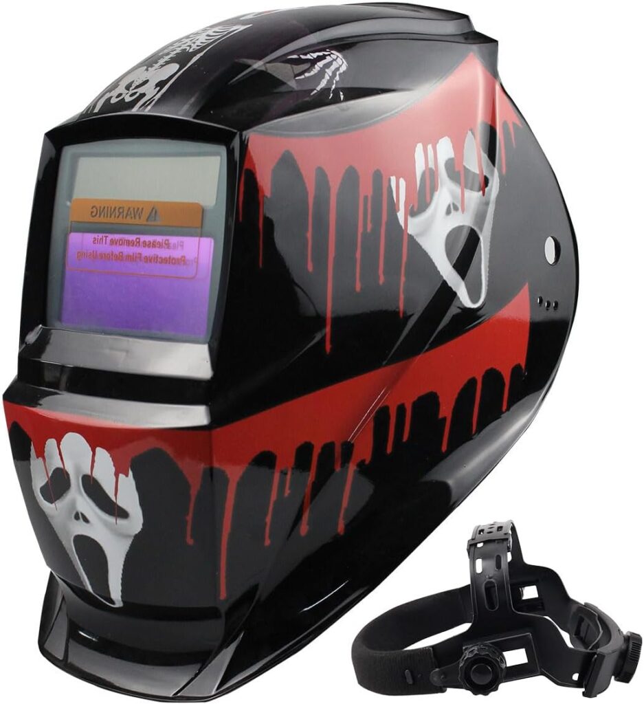 TIANLYLIN Auto Darkening Welding Helmet, Ture Color Solar Powered Welding Hood, Adjustable Shade Range 4/9-13 for Mig Tig Arc Welder Mask (Bloody Ghost)