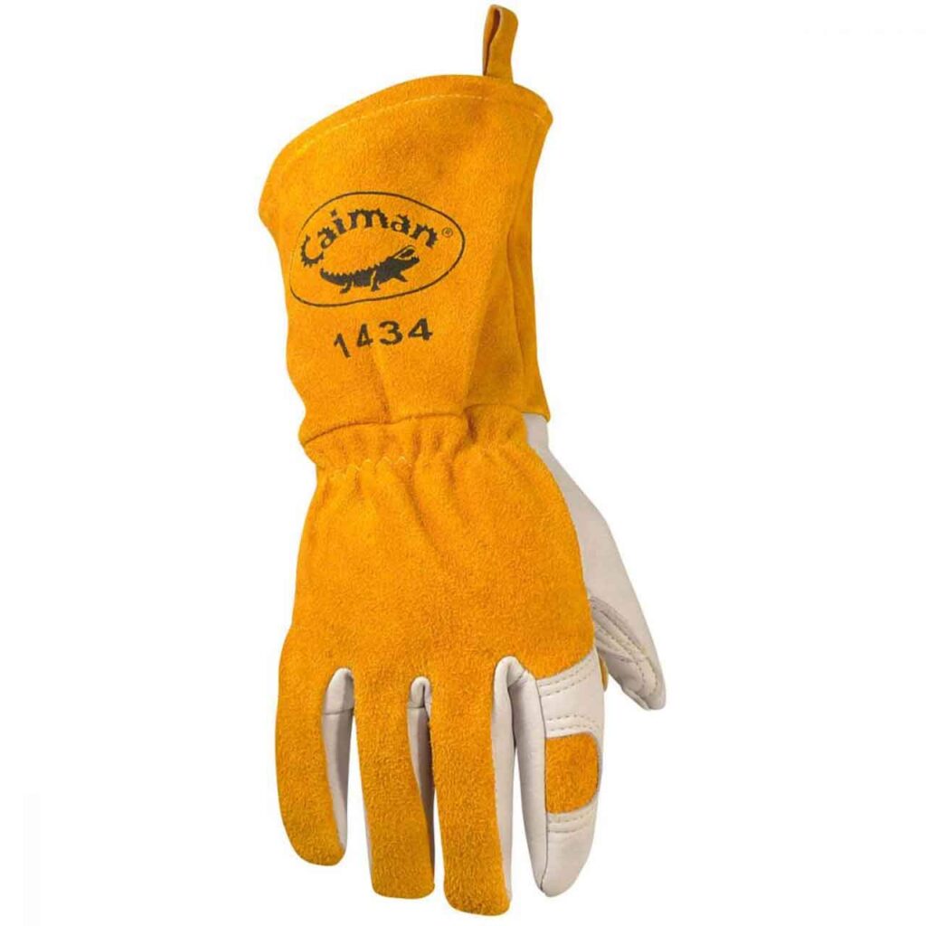 Caiman Premium Cow Grain MIG/Stick Welding Gloves, Two-Layer Back Insulation, Unlined, Large Pulse Protector, Kevlar, Kontour, White/Gold, Medium (1810-4)