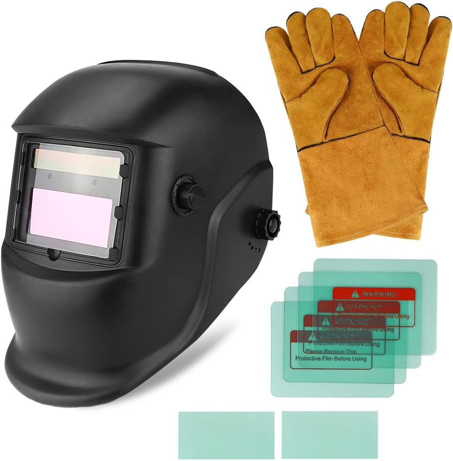Welding Helmet Auto Darkening Solar Powered Welder Mask with Welding Gloves, 6 Replacement Lens and 2 Sensors, Welding Mask With Adjustable Wide Shade Range 4/9-13 for TIG MIG ARC Weld Grinding