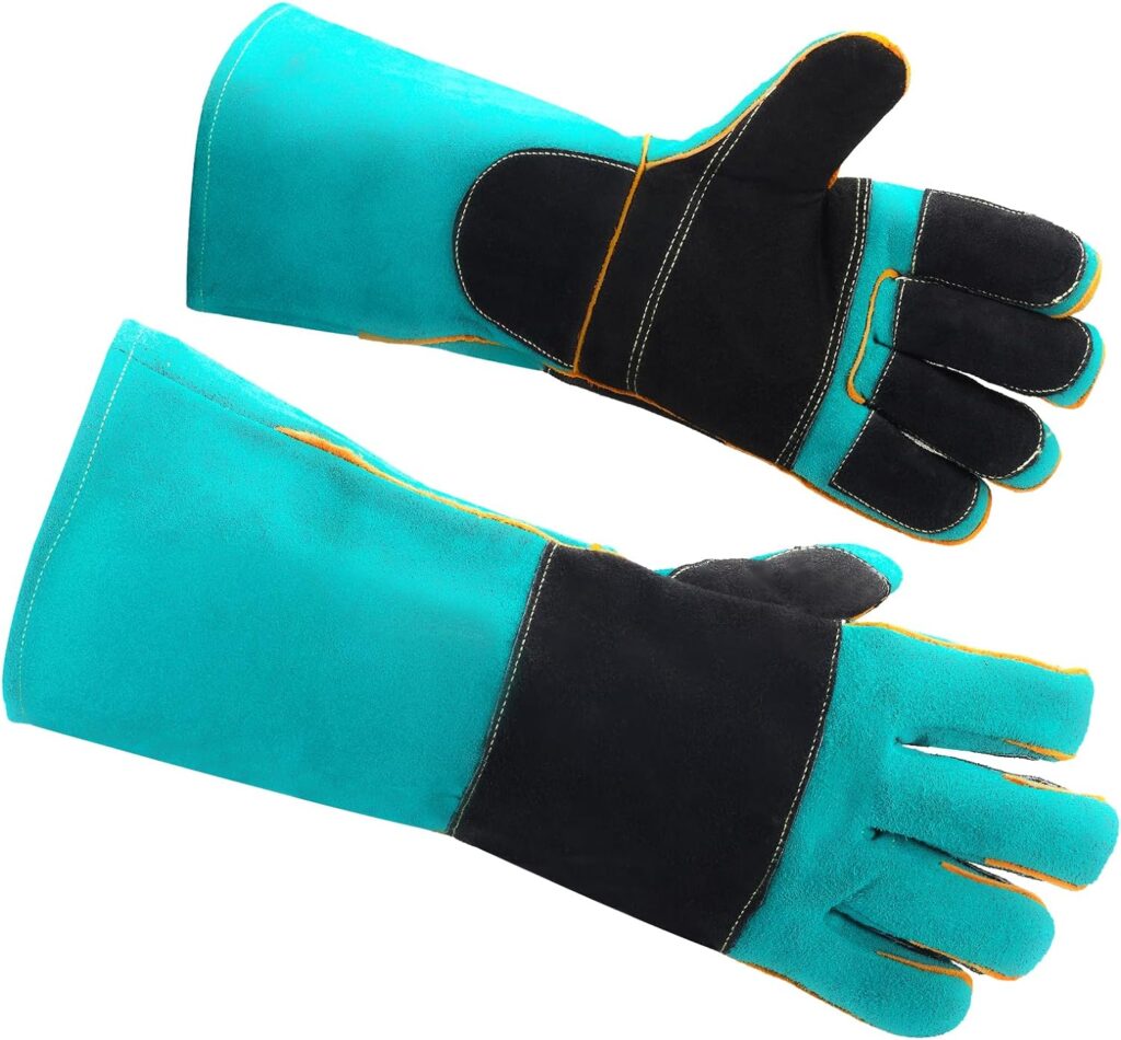16 Inches,662℉,Leather Forge Welding Gloves, Heat/Fire Resistant,Mitts for BBQ,Oven,Grill,Fireplace,Tig,Mig,Baking,Furnace,Stove,Pot Holder,Animal Handling Glove.Black-green