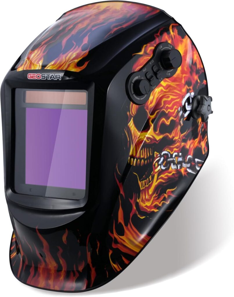 GEOSTAR Large Viewing 3.94x3.46 Auto Darkening Welding Helmet, True Color 4 Arc Sensors Welding Hood, Solar/Battery Powered Welding Mask, for TIG/MIG/ARC/Grind (Flaming Skull)