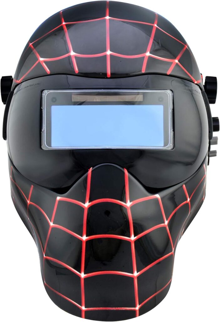 Save Phace Auto Darkening Welding Helmet Black Spiderman EFP E Series- Ear to Ear Vision Welder Hood Grinding Mask with External 2x4 Adjustable ADF for MIG/TIG/SPOT - 2 Sensors Solar Power (3012589)