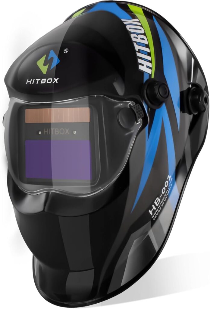 HITBOX Large Viewing Screen Welding Helmet,1/1/1/1 True Color Solar Power Auto Darkening Welding Hood,Wide Shade 4/9-13 for TIG MIG Arc Weld Welder Mask(Blue Black)