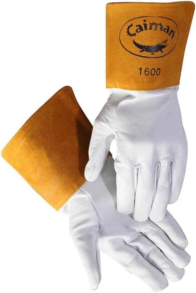 Caiman Premium Goat Grain TIG Welding Gloves, 4-Inch Gold Extended Cuff, Unlined, White/Gold, Small (1600-3)