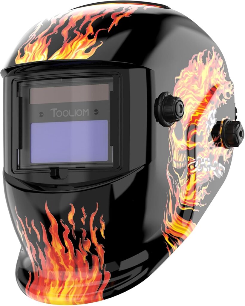 TOOLIOM Auto Darkening Welding Helmet True Color Solar Powered Welding Mask with Adjustable Shade 4/9-13 for TIG MIG Stick Flaming Skull Design