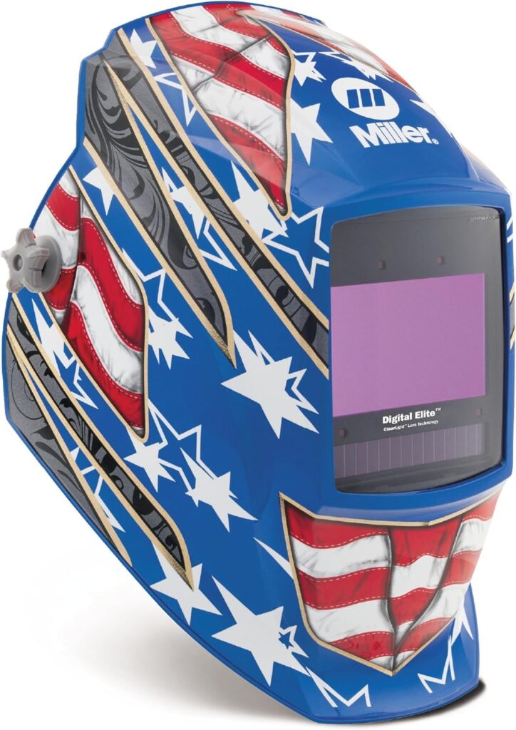 Miller Digital Elite Auto Darkening Welding Helmet - Digital Welding Hood with 9.2 Sq.in. Viewing Screen, 4 Arc Sensors  4 Operating Modes - Welding Mask for Men  Women (Stars  Stripes III)